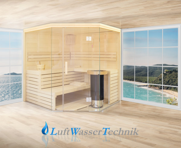 Finnische Massivholz Sauna-Kabine aus 40mm Fichte mit 10mm ESG-Glasfront und Harvia Technik