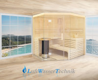 Finnische Massivholz Sauna-Kabine aus 40mm Fichte mit 10mm ESG-Glasfront und Harvia Technik