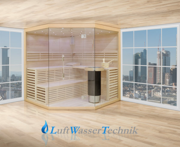 Finnische Sauna Innen aus Lindenholz mit Glasfront und Harvia Technik Modell: 14L01R