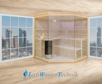 Finnische Sauna Innen aus Lindenholz mit Glasfront und Harvia Technik Modell: 14L01R