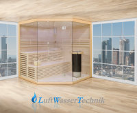 Finnische Sauna Innen aus Lindenholz mit Glasfront und Harvia Technik Modell: 14L01R