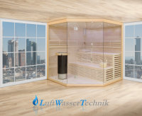 Finnische Sauna Innen aus Lindenholz mit Glasfront und Harvia Technik Modell: 14L01R