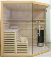 Finnische Sauna Innen aus Lindenholz mit Glasfront und Harvia Technik Modell: 14L01R