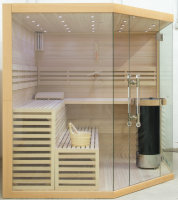 Finnische Sauna Innen aus Lindenholz mit Glasfront und Harvia Technik Modell: 14L01R