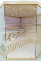 Finnische Sauna Innen aus Lindenholz mit Glasfront und Harvia Technik Modell: 14L01R