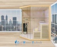 Finnische Sauna aus Lindenholz mit Glasfront Modell 14L01L180 mit Harvia Technik 180 x 180 x 210 Ofen Links Lieferung mit Aufbau ohne Elektroanschluß