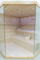 Finnische Sauna aus Lindenholz mit Glasfront Modell 14L01L180 mit Harvia Technik 180 x 180 x 210 Ofen Links Lieferung mit Aufbau ohne Elektroanschluß