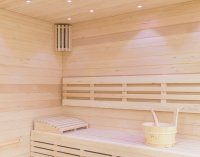 Finnische Sauna aus Lindenholz mit Glasfront Modell 14L01L180 mit Harvia Technik 180 x 180 x 210 Ofen Links Lieferung mit Aufbau ohne Elektroanschluß