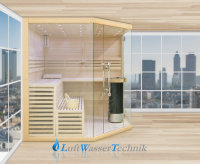 Finnische Sauna aus Lindenholz mit Glasfront Modell 14L01R200 mit Harvia Technik 200 x 200 x 210 Ofen Rechts Lieferung bis Bordsteinkante