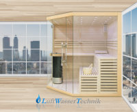 Finnische Sauna aus Lindenholz mit Glasfront Modell 14L01L200 mit Harvia Technik 200 x 200 x 210 Ofen Links Lieferung mit Aufbau ohne Elektroanschluß
