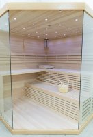 Finnische Sauna aus Lindenholz mit Glasfront Modell 14L01L200 mit Harvia Technik 200 x 200 x 210 Ofen Links Lieferung mit Aufbau ohne Elektroanschluß