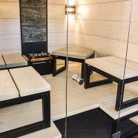 Harvia Solide Design Massivholz Sauna Kabine aus 49mm Fichte mit ESG-Glasfront und Harvia Technik