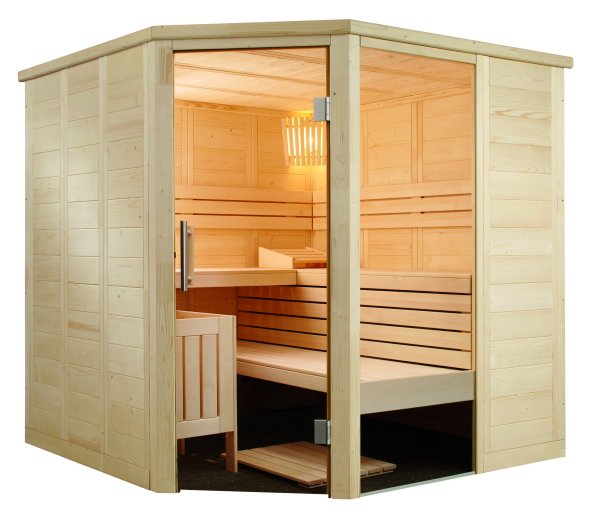 Massivsauna Alaska Corner ohne Saunaofen Größe: 2060 x 2060 x 2040 mm